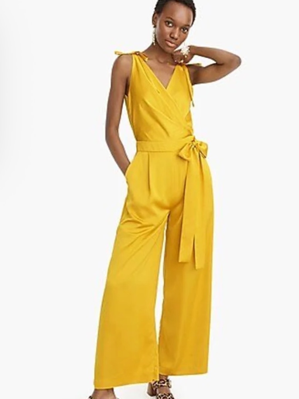 J.Crew Collection Satin Wide Leg Jumpsuit Yellow Wrap Tie Waist Size 6 NWT - Picture 2 of 7